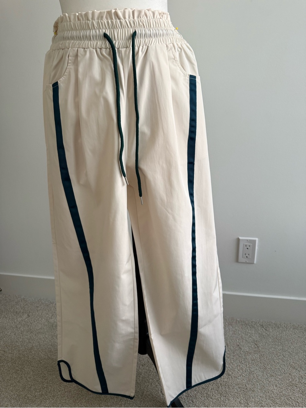 Cream Wide-Leg Joggers with Turquoise Trim